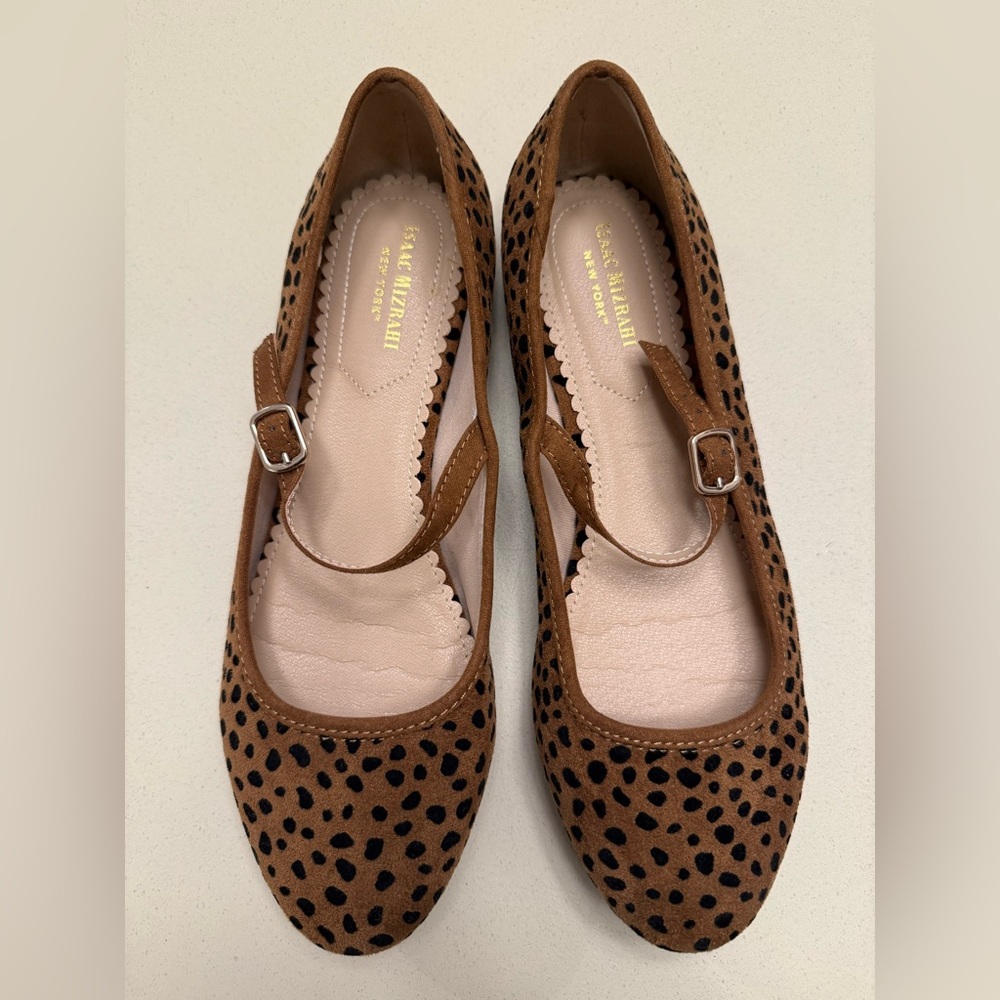 Isaac Mizrahi Brown Suede Mary Jane Flats with Black Spots